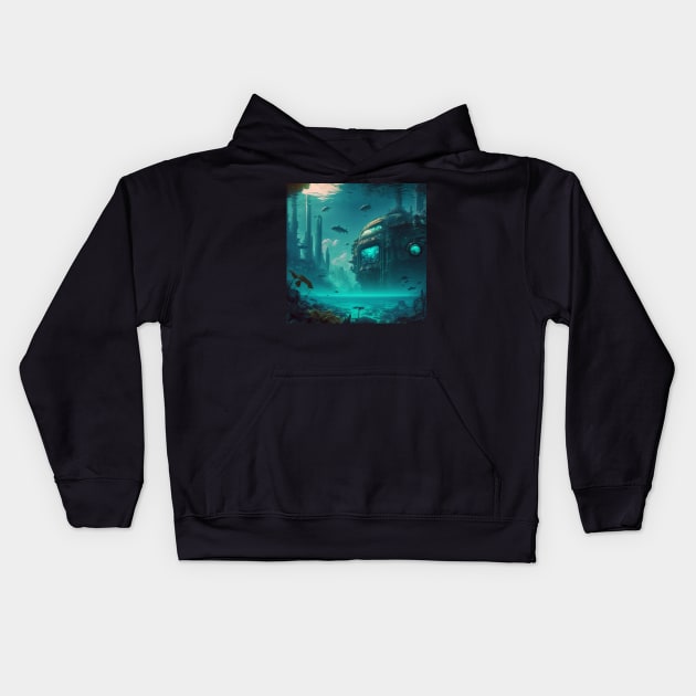 Underwater Cyberpunk City Kids Hoodie by AICreateWorlds